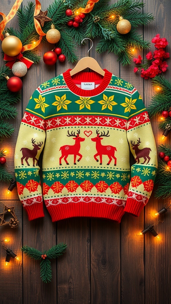 A festive Christmas sweater with snowflakes and reindeer patterns on a wooden background with holiday decorations.